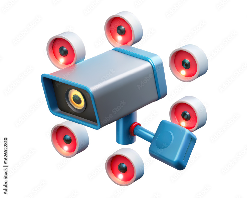 Poster futuristic security camera with multiple eyes cyberpunk surveillance system concept in 3d render on 