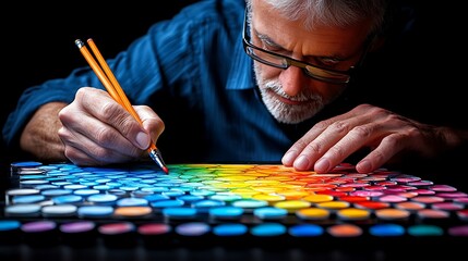 A focused  meticulously mixes colors on a palette.