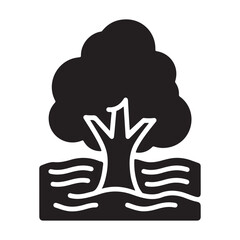 Simple black and white vector icon illustration of a tree with a large canopy standing in wavy water.