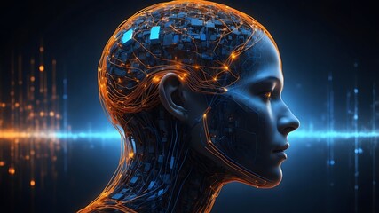 Perfil de ciborg con conexiones neuronales y luz digital azul