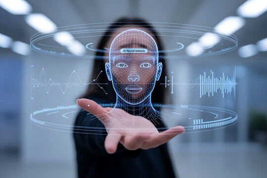 Woman presenting a futuristic holographic human face interface with digital data streams - Powered by Adobe