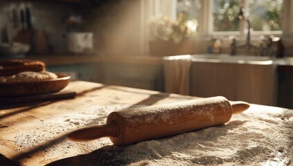 Sunlight streams onto a wooden kitchen counter dusted with flour, a rolling pin resting on top