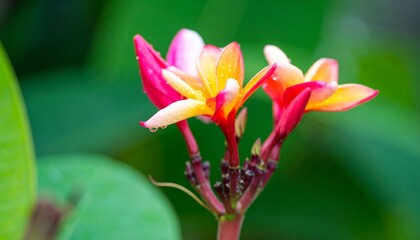 Fototapeta premium A vibrant tropical flower blooms in soft morning light, dew drops glistening on petals, lush green background, crisp detail. 