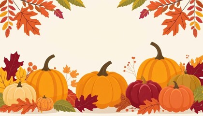 A collection of pumpkins in various colors surrounded by autumn leaves. The scene captures the essence of Thanksgiving with warm seasonal tones.