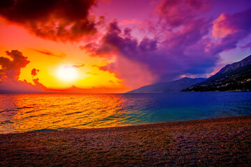 spectacular morning landscape in Croatia, Brela resort, Makarska riviera, Dalmatia,...