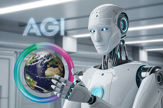 Advanced humanoid robot holding a glowing earth with agi text symbolizing artificial general intelligence