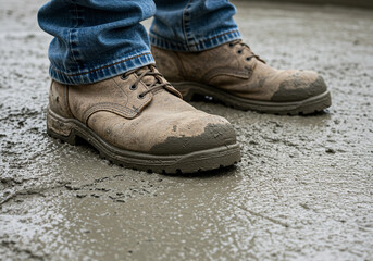 Close-up of work boots covered in concrete on a construction site
