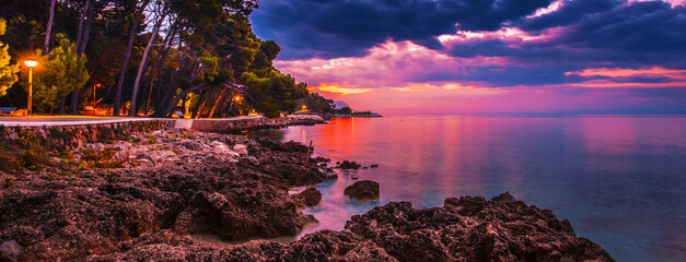 spectacular morning landscape in Croatia, Brela resort, Makarska riviera, Dalmatia,...