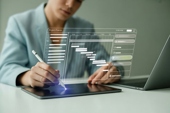 Businesswoman analyzing financial data on a digital tablet with holographic charts and graphs