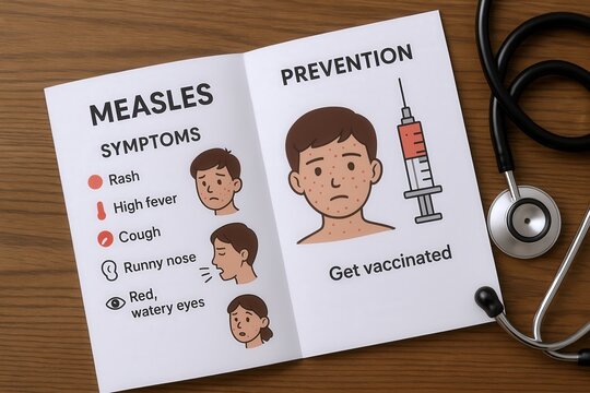 Informational brochure on measles symptoms and prevention with vaccination message