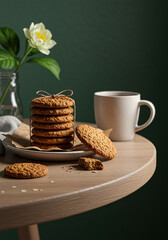 Oatmeal cookies on a table, a sweet treat perfect with coffee or tea.