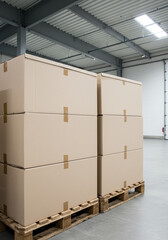 Cardboard boxes stacked on pallets in a warehouse, ready for distribution and delivery.