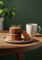 Oatmeal cookies stacked on a plate, paired with a cup of coffee and some greenery.