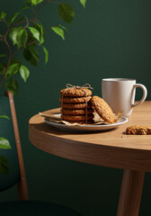 Delicious stack of oatmeal cookies with a cup of coffee on a wooden table.