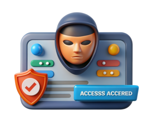 Cyber security vulnerability attack concept with hooded hacker accessing system with red shield checkmark design