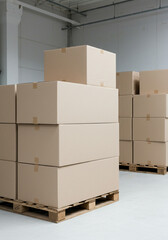 A warehouse scene featuring a stack of cardboard boxes ready for shipment on pallets.