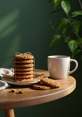 A stack of delicious oatmeal cookies with a cup of coffee on a wooden table, ready for a cozy morning