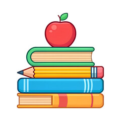 Back-to-school concept with a stack of books, a red apple, and a pencil on a white background