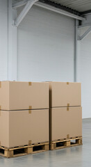 Cardboard boxes stacked on pallets inside a modern warehouse, ready for distribution.