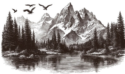 Monochrome mountain landscape with lake and trees. Birds soar above