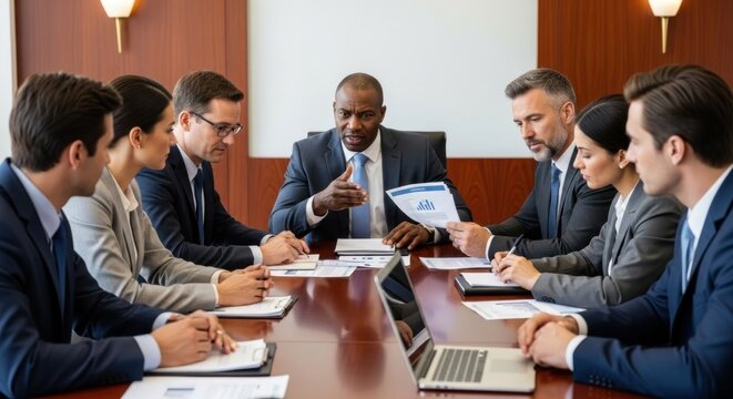 A diverse group of business professionals in a meeting, discussing financial data.