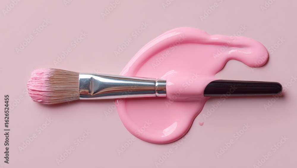 Poster a soft brush lies in a pool of pastel pink paint, creating an artistic and visually appealing compos