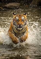 A majestic Bengal tiger bursts through the water, showcasing its power and grace.