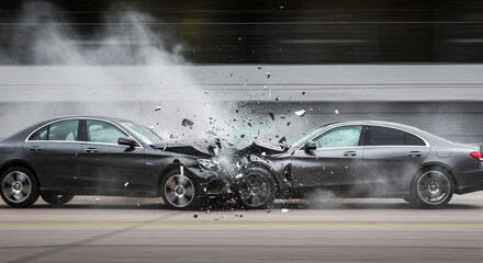 A dramatic head-on car collision, illustrating a severe accident on the road.