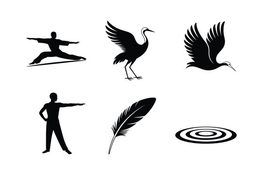 Silhouette figures of people and birds with feather and ripple design person yoga