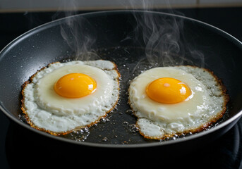 Two perfectly fried eggs in a pan, ready for a delicious breakfast.