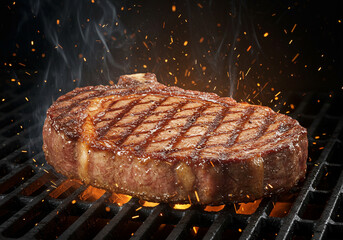 A mouthwatering grilled steak, perfectly cooked over a blazing open flame, ready to eat.
