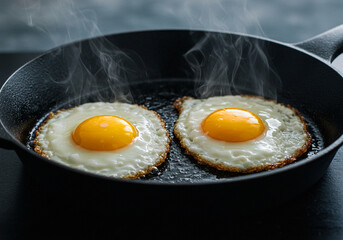 Two perfectly fried eggs sizzling in a cast iron skillet, ready for breakfast.