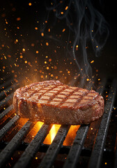 A juicy steak is being grilled over a hot fire, ready for a delicious meal.