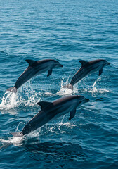 Dolphins frolic through the ocean, leaping and splashing with joyful energy in the water.