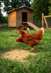 Chickens foraging for food in a sunny backyard near their wooden coop.