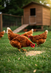 Chickens foraging for food on a grassy lawn in front of their wooden coop.
