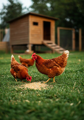 Chickens enjoying a sunny day on the grass near their chicken coop