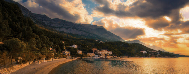 spectacular morning landscape in Croatia, Brela resort, Makarska riviera, Dalmatia,...
