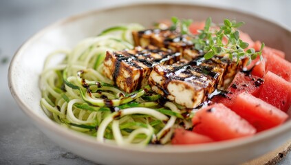 A vibrant and refreshing summer salad featuring grilled cheese, juicy watermelon, and fresh zucchini noodles drizzled with a balsamic glaze.