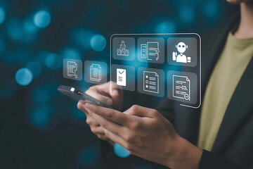 Person interacting with a futuristic holographic interface displaying various digital icons and data