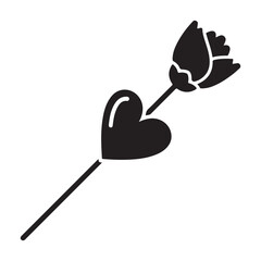 Black and white vector illustration of a rose flower and heart connected, symbolizing love and romance, a perfect design element.