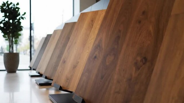 Smooth pan over modern hardwood flooring display in natural light.