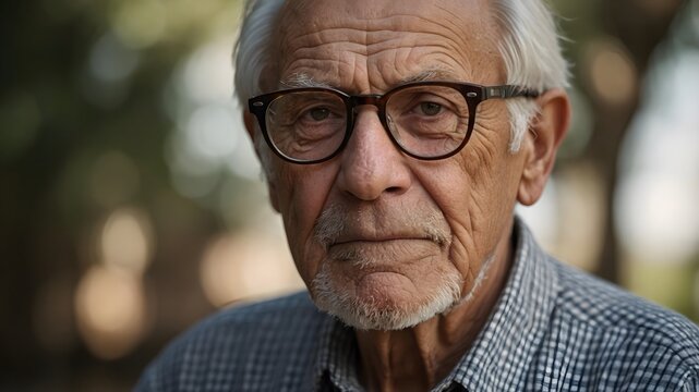Retrato cercano de hombre mayor con gafas y expresi&oacute;n seria