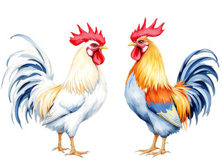 Fototapeta premium Two roosters standing side by side isolated on transparent background