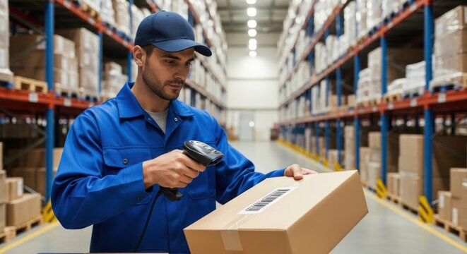 A man in a blue uniform scanning a cardboard box in a warehouse. - Powered by Adobe