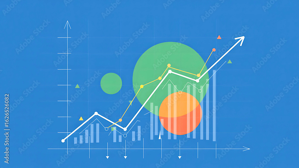 Poster financial data analysis concept with an upward trend line graph and statistics chart illustrating ma