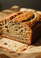 A close-up shot of freshly baked banana bread on parchment paper.