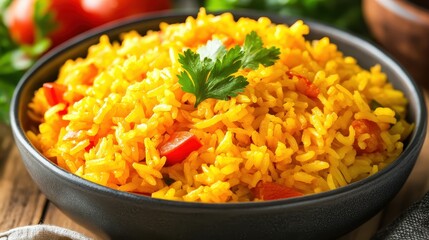 Vibrant Yellow Rice with Red Peppers and Fresh Herbs in Bowl