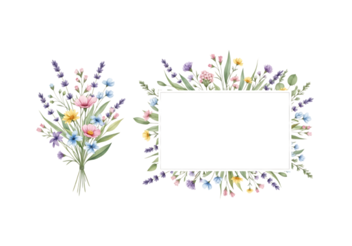 Watercolor floral bouquet and rectangular frame with wildflowers, isolated on transparent background