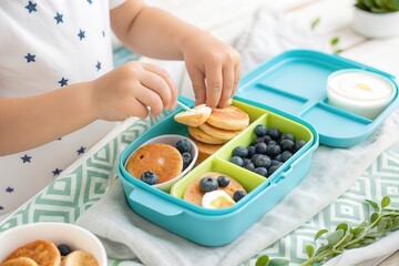 Child's hands opening a brightly colored lunch box with pancakes and blueberries